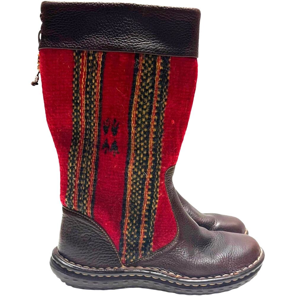 Born Tizoc Indain Blanket Mid Calf Boots Leather Wool Men 8 Women 6.5